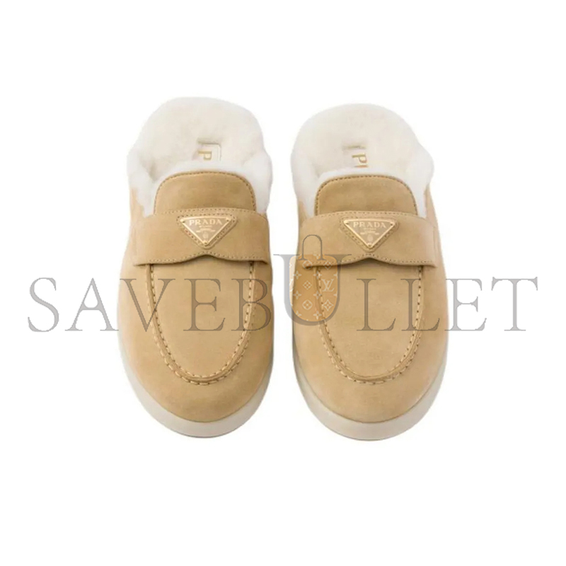 PRADA SUEDE AND SHEARLING MULES 1D270N